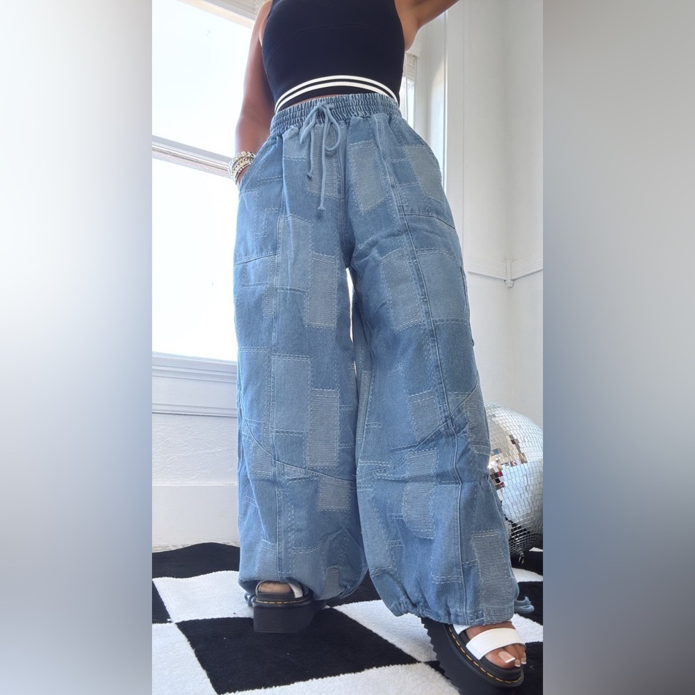 Everyday Chic - DEMI DENIM CHECKERED PATCHWORK JOGGER PANT - Size Medium